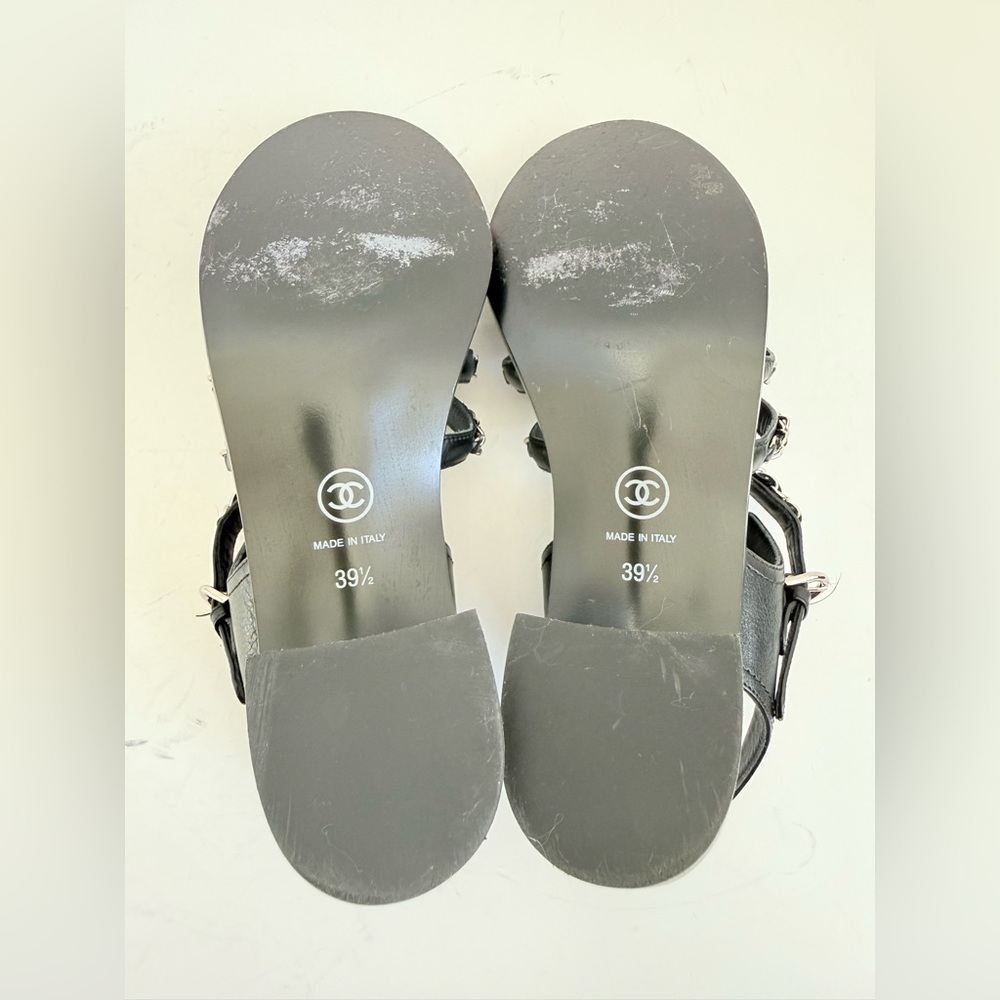 Chanel 20C Chain Strap Sandals Black Calfskin Silver Chain Heel Sandals EU 39.5 - Picture 9 of 10